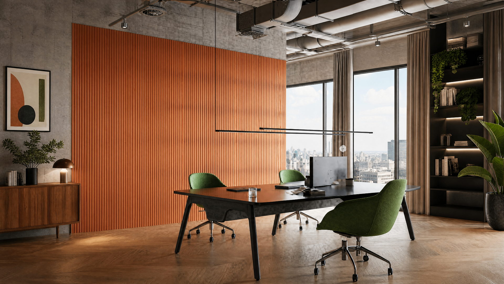 Meeting room at Tradie Hubb in Kirrawee, with feature wall and acoustic panels